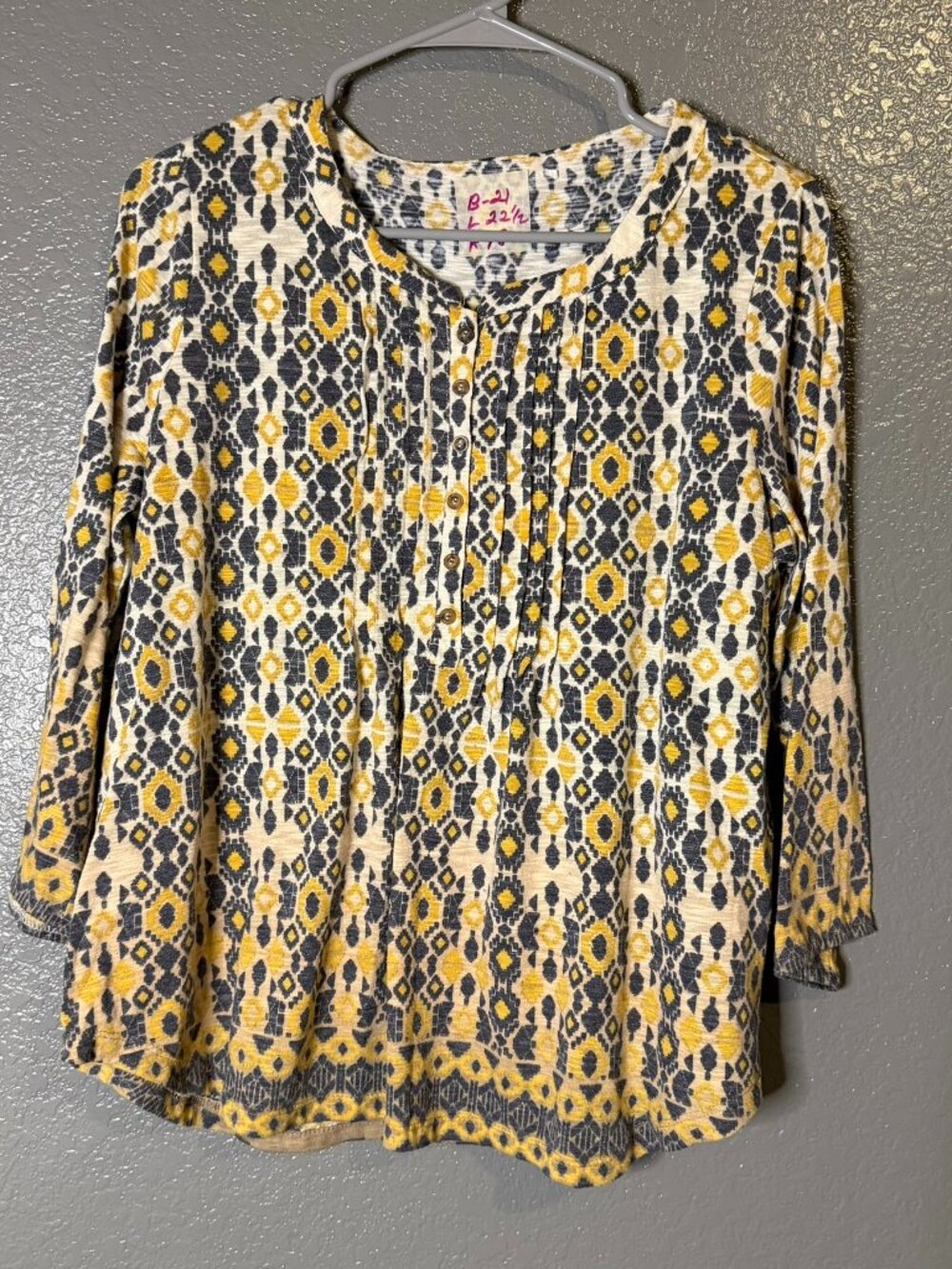 Womens Boho Geometric Print Henley Blouse Yellow Gray 3/4 Sleeve Tunic Top